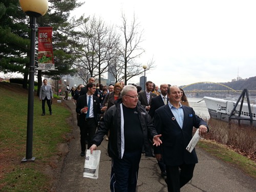 Teamster Joe Molinero and Allegheny County Councilor and United Steelworkers' rep John DeFazio, and other city and county leaders, walked alongside Rivers Casino employees this morning.